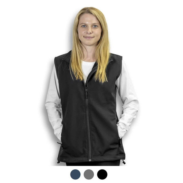 A woman wearing a black vest with a zip front. The vest features a logo and has a smooth finish. A woman wearing a black vest with a zip front. The vest features a logo and has a smooth finish.
