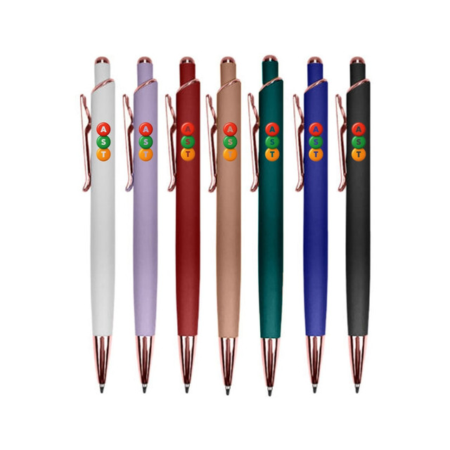 A collection of eight metal pens in various colours, featuring a logo on each pen and rose gold accents.