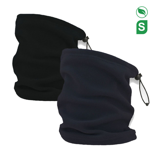 A set of two neck warmers in black and navy, featuring a drawstring for adjustment. Both items have a logo.