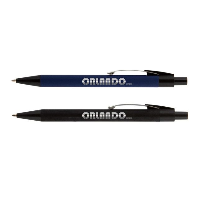 A pair of metal pens featuring a blue and a black barrel, each with a clip and branding.