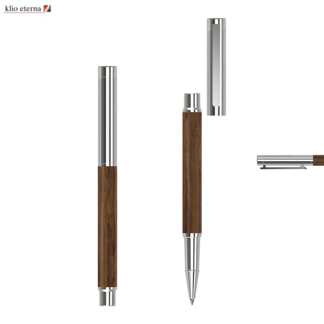 A rollerball pen featuring a sleek metal design with a wooden midsection and silver accents, along with a branding logo.