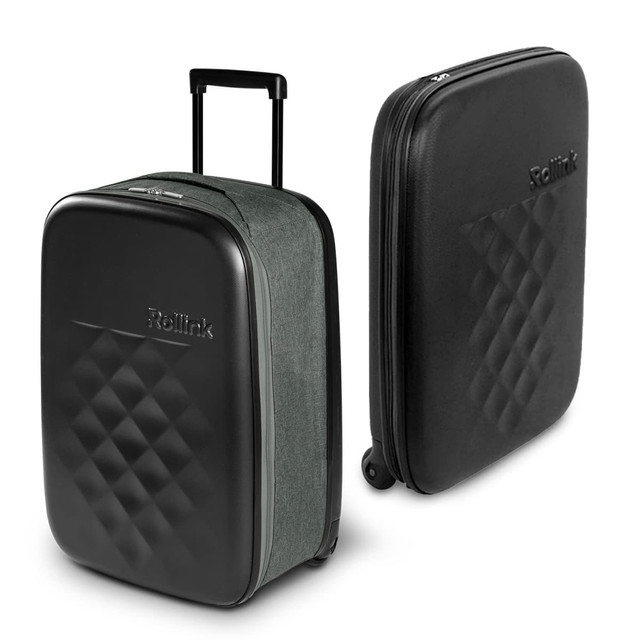 A small suitcase in green fabric with a black, quilted hard shell and a retractable handle. Brand logo visible. A small suitcase in green fabric with a black, quilted hard shell and a retractable handle. Brand logo visible.