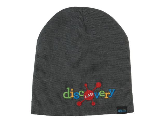 A grey beanie with a multicoloured logo featuring the words "discovery" and "LAB" embroidered on the front.