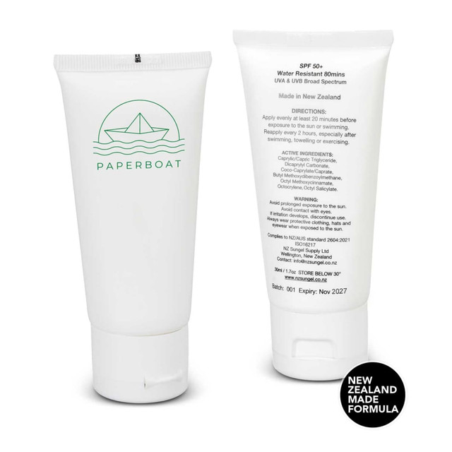 A white tube of SPF 50+ sun gel, 30ml, featuring a logo and details about its UV protection and water resistance. A white tube of SPF 50+ sun gel, 30ml, featuring a logo and details about its UV protection and water resistance.