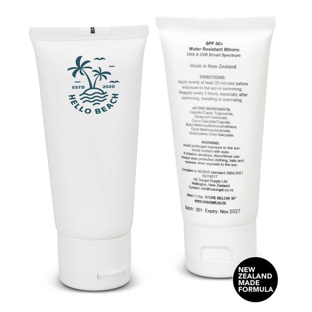 A white tube of SPF 50+ Sun Gel, featuring a logo and tropical design, made in New Zealand. A white tube of SPF 50+ Sun Gel, featuring a logo and tropical design, made in New Zealand.