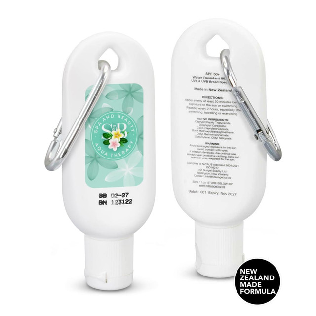 A white SPF 50+ sun gel tube with a carabiner, featuring a floral design and a branding logo. A white SPF 50+ sun gel tube with a carabiner, featuring a floral design and a branding logo.