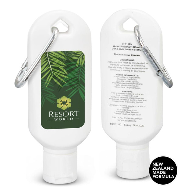 A 50ml tube of SPF 50+ sun gel in white with a carabiner, featuring a tropical design and a logo. A 50ml tube of SPF 50+ sun gel in white with a carabiner, featuring a tropical design and a logo.