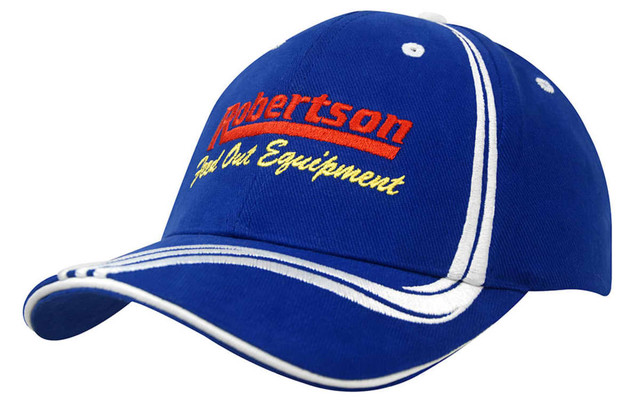 A blue cap with waving white stripes on the crown and peak, featuring a logo on the front.