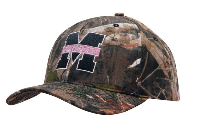 A camouflage 6-panel cap in shades of green and brown with a logo on the front.