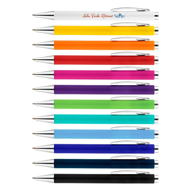 A collection of colourful plastic pens, including shades of yellow, orange, pink, purple, green, blue, and black, with metal accents. A collection of colourful plastic pens, including shades of yellow, orange, pink, purple, green, blue, and black, with metal accents.