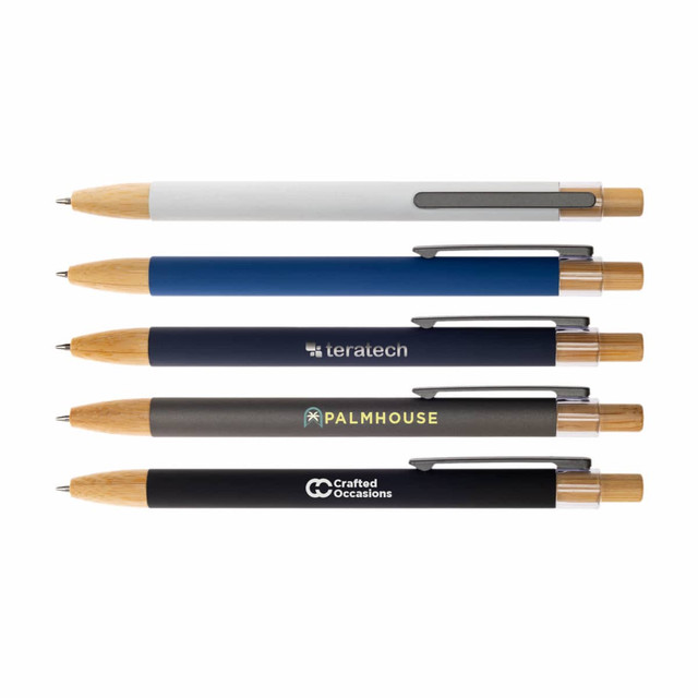 Five metal pens in various colours: blue, grey, and black, with wooden accents and branding on some. Five metal pens in various colours: blue, grey, and black, with wooden accents and branding on some.