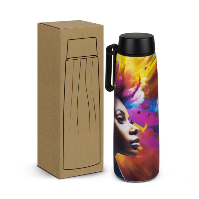 A drink bottle with a vibrant, multi-coloured design featuring an artistic portrait, accompanied by a plain cardboard box.