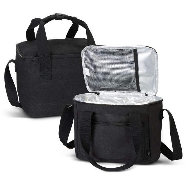 A black canvas cooler bag with a zippered top, featuring a silver insulated interior and detachable shoulder strap. A black canvas cooler bag with a zippered top, featuring a silver insulated interior and detachable shoulder strap.