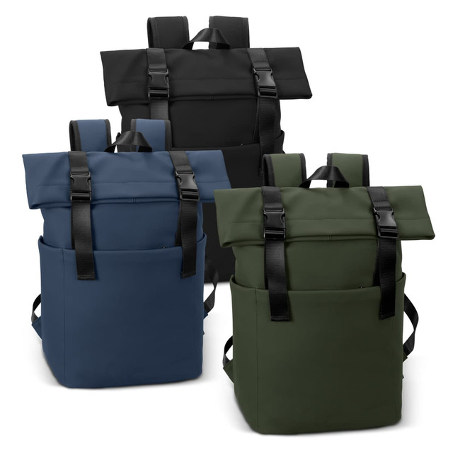 A collection of ARCHER Soft-Touch Flap Backpacks in black, navy blue, and green, each with a logo and adjustable straps. A collection of ARCHER Soft-Touch Flap Backpacks in black, navy blue, and green, each with a logo and adjustable straps.