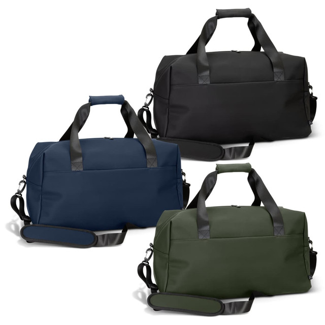 A collection of ARCHER Soft-Touch Duffle Bags in black, navy blue, and olive green, each featuring a logo.