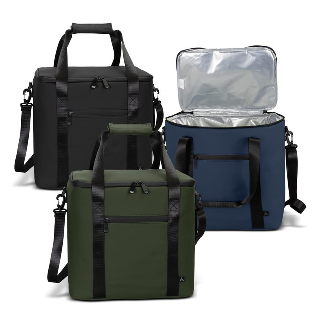 A trio of soft-touch cooler bags in black, navy blue, and olive green, featuring zippers and handles. A trio of soft-touch cooler bags in black, navy blue, and olive green, featuring zippers and handles.