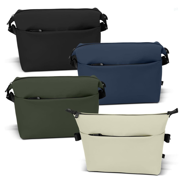Soft-touch toiletry bags in black, navy, olive green, and cream, each featuring exterior pockets and a logo.