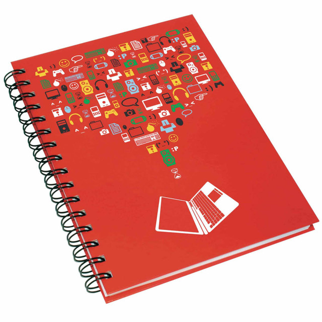 A5 hardcover wiro bound notebook with a red cover featuring various colourful icons and a laptop illustration. A5 hardcover wiro bound notebook with a red cover featuring various colourful icons and a laptop illustration.