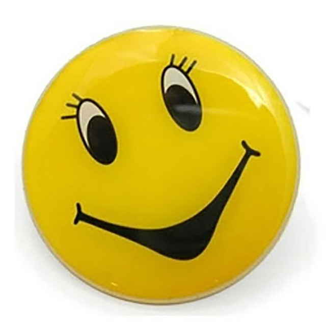 A round 25mm button badge featuring a yellow smiley face design with black eyes and a wide smile.