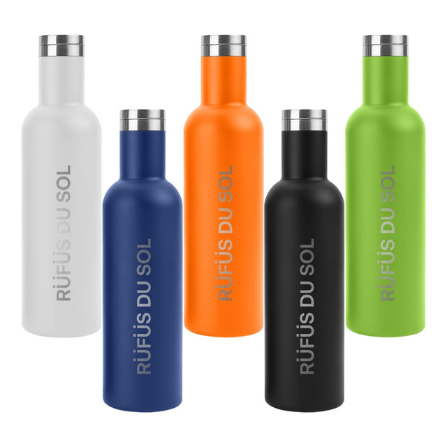 A drink bottle collection featuring white, orange, green, navy blue, and black bottles with a silver cap and logos. A drink bottle collection featuring white, orange, green, navy blue, and black bottles with a silver cap and logos.