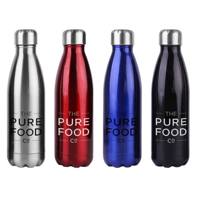 A drink bottle set featuring four stainless steel bottles in silver, red, blue, and black, each with a logo. A drink bottle set featuring four stainless steel bottles in silver, red, blue, and black, each with a logo.