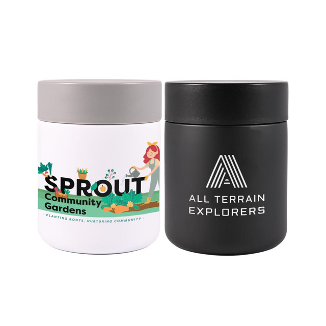 Two food containers: one white with a floral design and grey lid, and one sleek black with a logo. Two food containers: one white with a floral design and grey lid, and one sleek black with a logo.