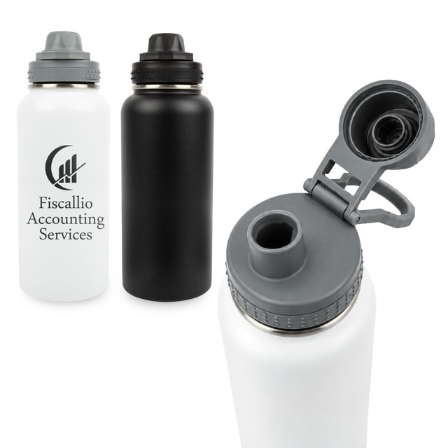 A drink bottle featuring a stainless steel design in matte black and white, with a flip-top lid and a logo.