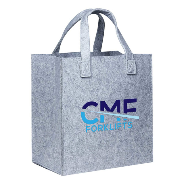 A grey felt tote bag with two handles and a logo on the front.