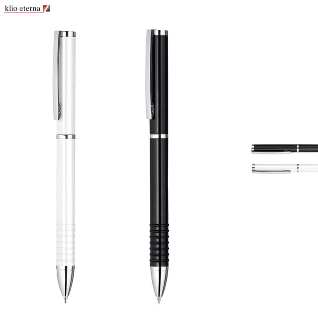 A set of two Fusion Pencils in white and black, featuring sleek designs and chrome accents, with a logo present.