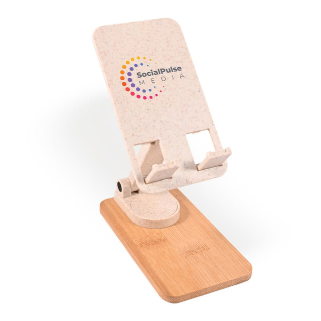 A phone stand made from light-coloured material with a wooden base, featuring a logo on the front. A phone stand made from light-coloured material with a wooden base, featuring a logo on the front.