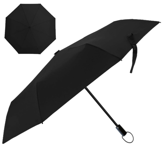 A black umbrella with a sleek design and a handle featuring a small loop for easy carrying.