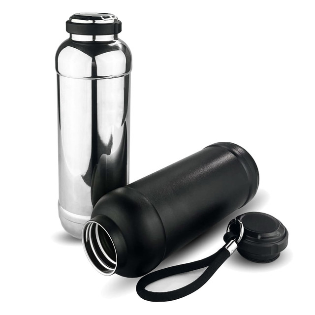 A drink bottle set featuring a metallic silver bottle and a matte black bottle with a screw cap and a carry strap. A drink bottle set featuring a metallic silver bottle and a matte black bottle with a screw cap and a carry strap.