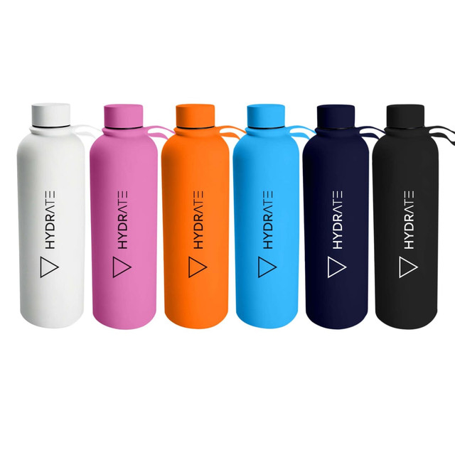 A drink bottle collection featuring white, pink, blue, navy, and black vacuum bottles, each with a logo.