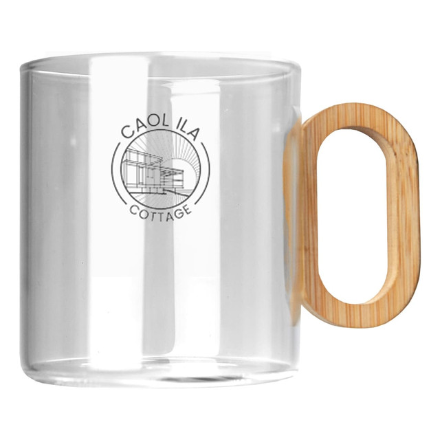 A glass coffee cup with a bamboo handle and a logo on the front. It features a transparent design.