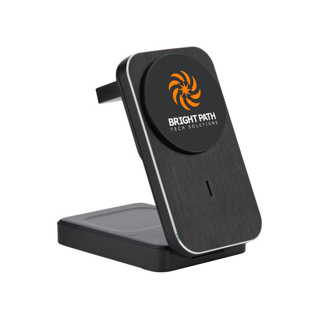 A wireless charger with a sleek black design and a branding logo on the surface, featuring a stand for device support.