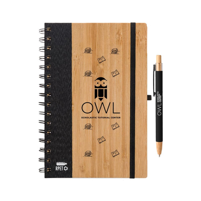 A bamboo notebook with a black cover and a matching black pen, featuring a logo on the front.