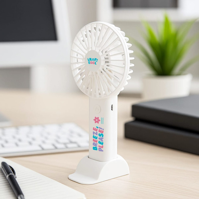 A portable white handheld fan with a stand, featuring a logo and vibrant text design, placed on a desk.