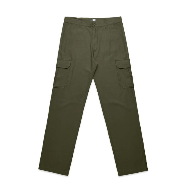 Utility cargo pants in olive green, featuring multiple side pockets and a straight leg design, with a visible logo.