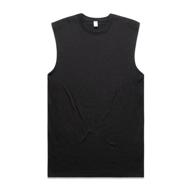A black sleeveless tank top with a plain design and a label at the neckline, featuring a logo.
