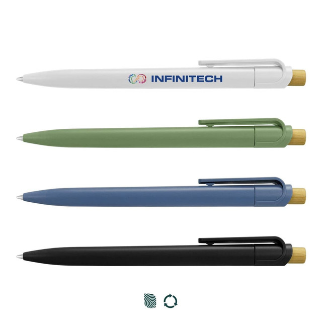 A set of four recyclable plastic pens in white, green, blue, and black, featuring a bamboo accent and a logo.