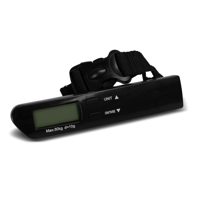 A black travel luggage scale with a digital display and a strap for weighing bags, featuring buttons for unit adjustment.