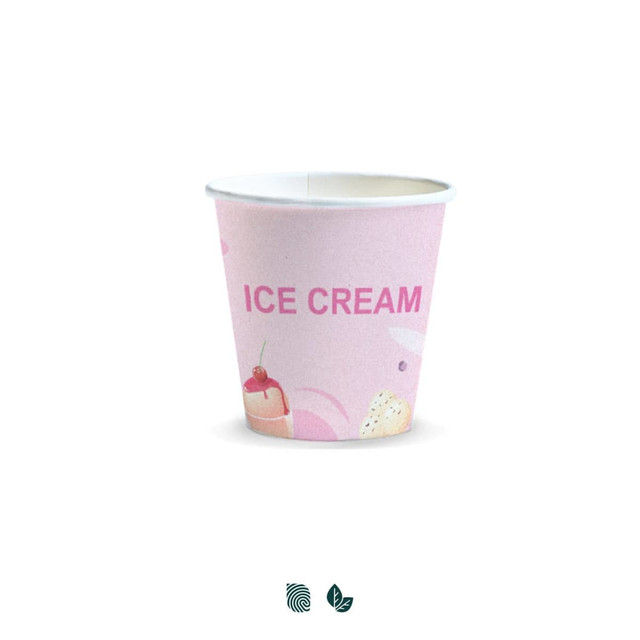 A pink compostable paper cup with an ice cream design. It has a logo on the side.