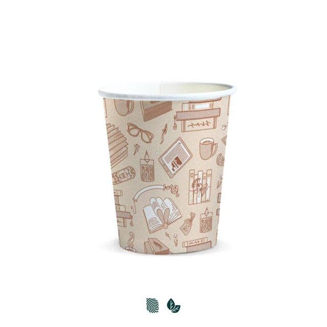 A compostable paper cup in a light brown colour featuring illustrations of books, glasses, and various beverage items.