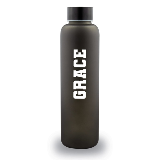 A drink bottle in matte black with a sleek design and branding on the side.