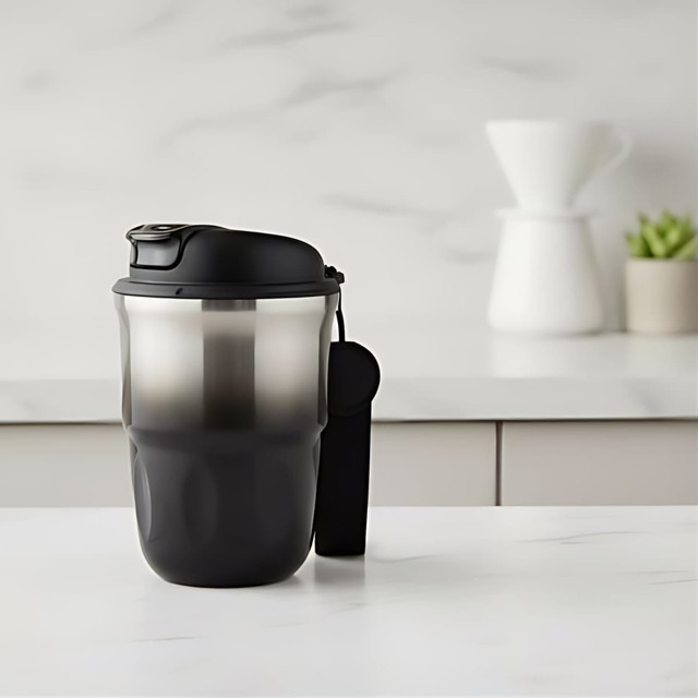 A double wall coffee mug in black and stainless steel, featuring a lid and a handle, set against a minimalist background.