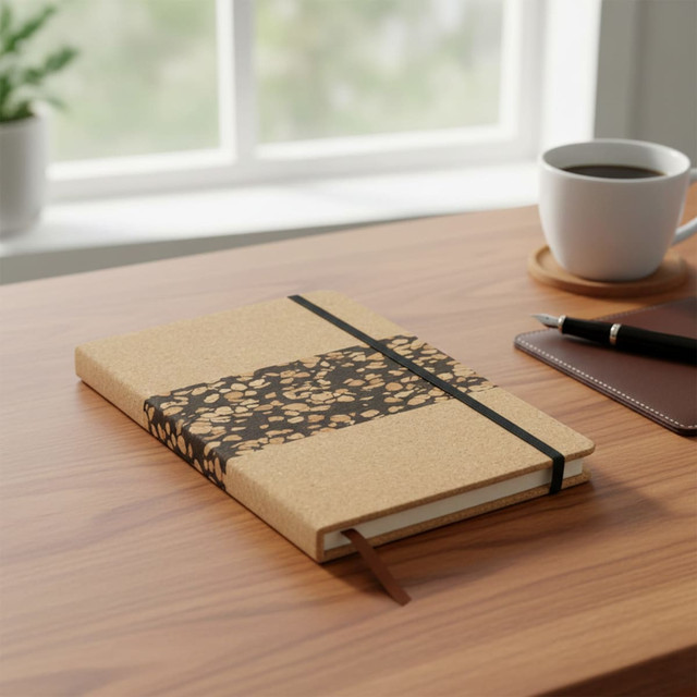 A cork notebook with a black elastic band and patterned detail, resting on a wooden desk near a coffee cup and pen.