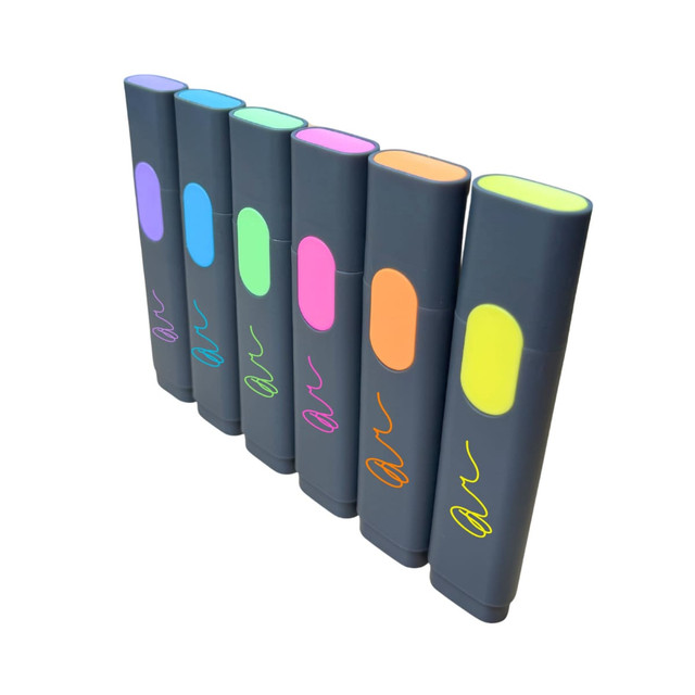 A collection of highlighters in grey barrels with various brightly coloured tips including green, blue, pink, orange, and yellow.