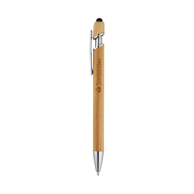 A bamboo stylus with a shiny silver clip and tip, featuring a branding logo.