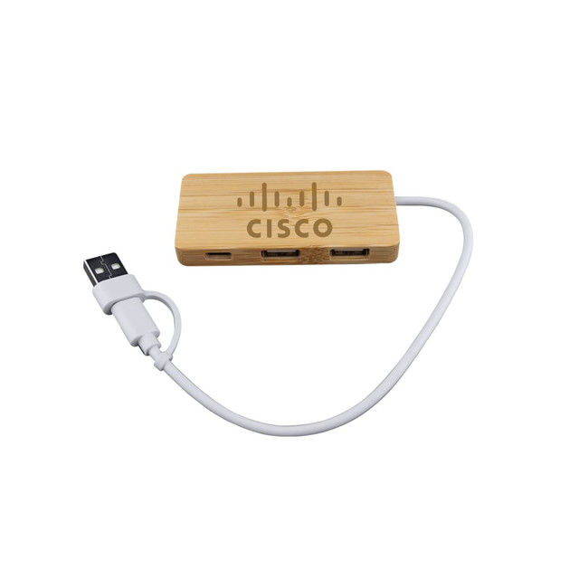A bamboo USB hub with a white cable and a logo displayed on the surface.