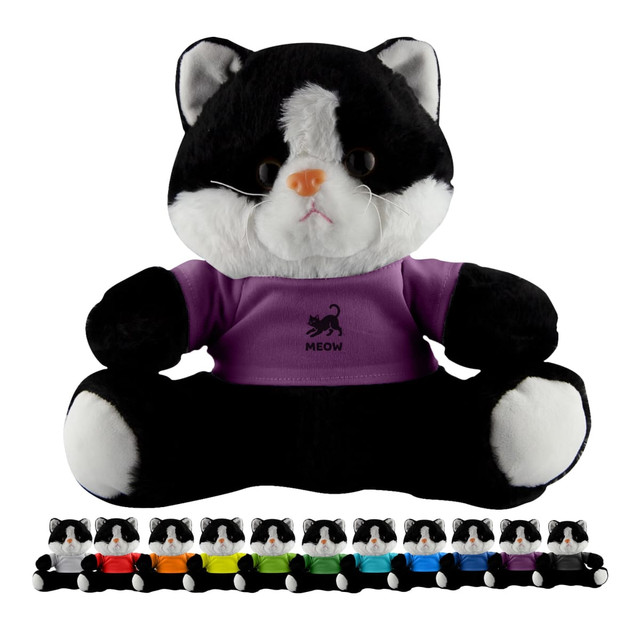 A large black and white cat plush with a purple shirt, surrounded by smaller colourful cat plushes.